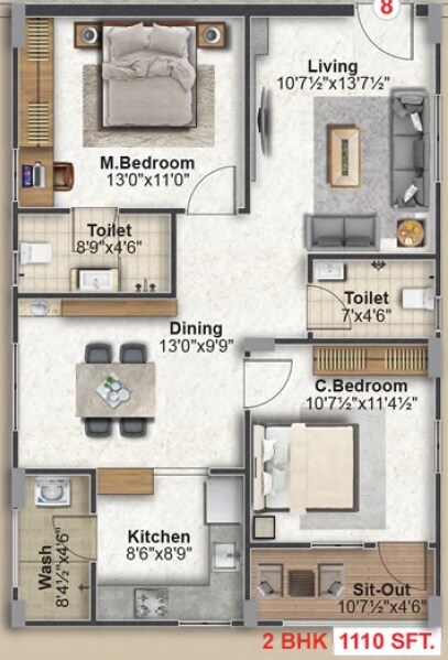 Floor plan of 2 BHK 1110 Sq. Ft. Apartment in Abode Aahwanam, Hyderabad