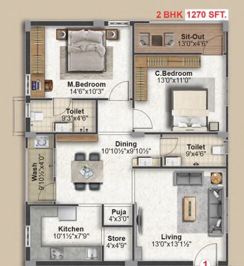 Floor plan of 2 BHK 1270 Sq. Ft. Apartment in Abode Aahwanam, Hyderabad