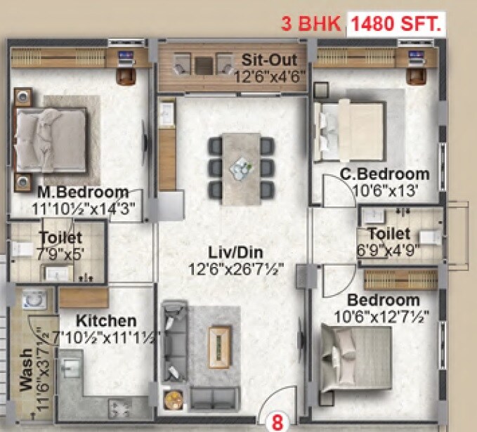 Floor plan of 3 BHK 1480 Sq. Ft. Apartment in Abode Aahwanam, Hyderabad