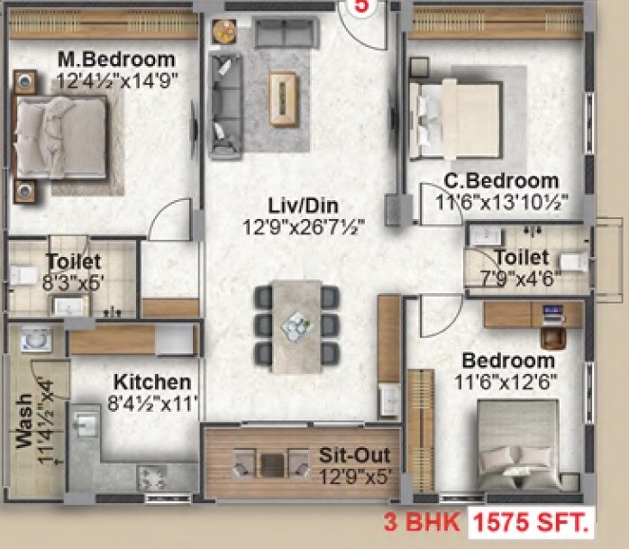 Floor plan of 3 BHK 1575 Sq. Ft. Apartment in Abode Aahwanam, Hyderabad