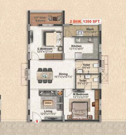 Floor plan of 2 BHK 1350 Sq. Ft. Apartment in Abode Aravindam, Hyderabad