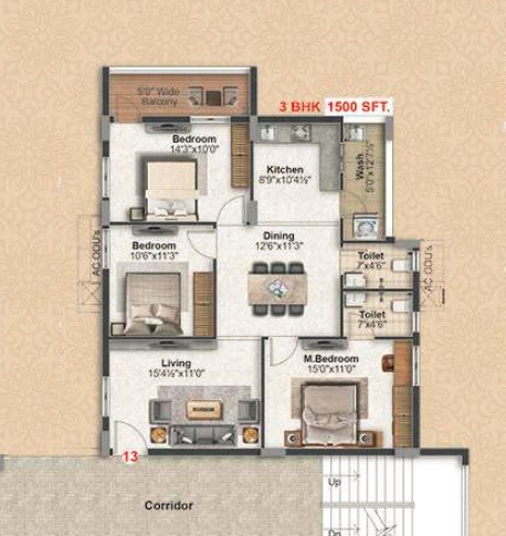 Floor plan of 3 BHK 1500 Sq. Ft. Apartment in Abode Aravindam, Hyderabad