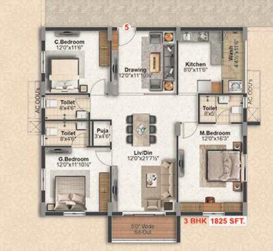 Floor plan of 3 BHK 1825 Sq. Ft. Apartment in Abode Aravindam, Hyderabad
