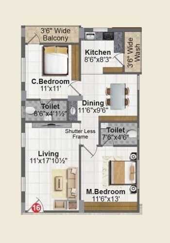 Floor plan of 2 BHK 1061 Sq. Ft. Apartment in Abode KNR Residency, Hyderabad