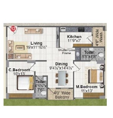 Floor plan of 2 BHK 1193 Sq. Ft. Apartment in Abode KNR Residency, Hyderabad