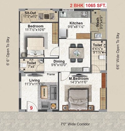Floor plan of 2 BHK 1065 Sq. Ft. Apartment in Abode MJ Lakeview, Hyderabad