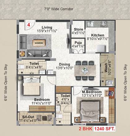 Floor plan of 2 BHK 1240 Sq. Ft. Apartment in Abode MJ Lakeview, Hyderabad