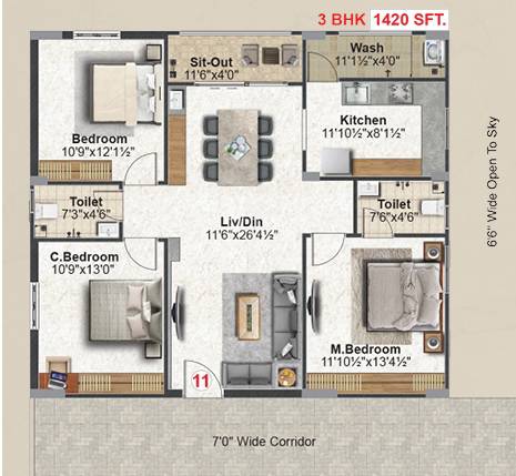 Floor plan of 3 BHK 1420 Sq. Ft. Apartment in Abode MJ Lakeview, Hyderabad