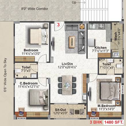 Floor plan of 3 BHK 1480 Sq. Ft. Apartment in Abode MJ Lakeview, Hyderabad