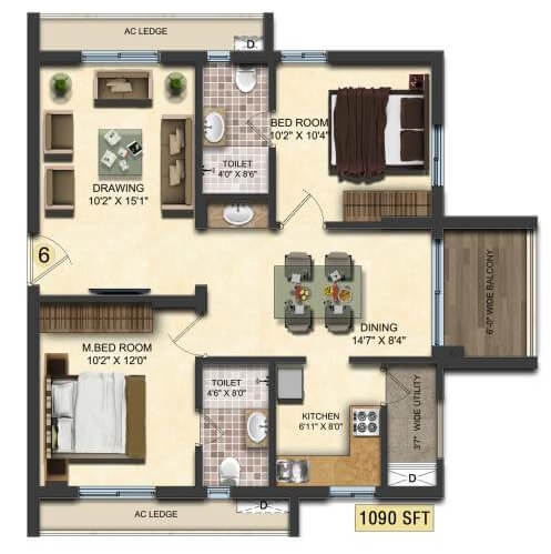 Floor plan of 2 BHK 1090 Sq. Ft. Apartment in Accurate Wind Chimes, Hyderabad