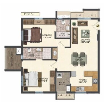 Floor plan of 2 BHK 1180 Sq. Ft. Apartment in Accurate Wind Chimes, Hyderabad