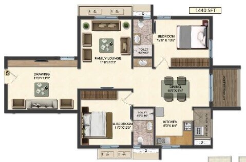 Floor plan of 2 BHK 1440 Sq. Ft. Apartment in Accurate Wind Chimes, Hyderabad