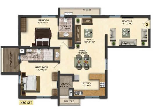 Floor plan of 2 BHK 1460 Sq. Ft. Apartment in Accurate Wind Chimes, Hyderabad