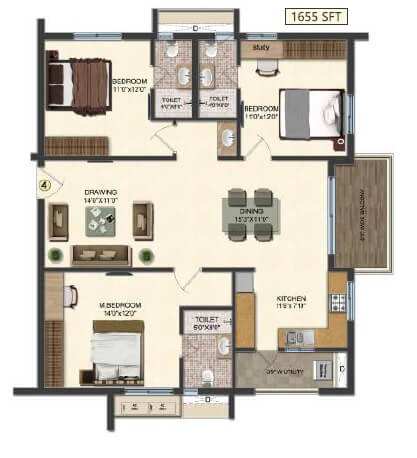 Floor plan of 3 BHK 1655 Sq. Ft. Apartment in Accurate Wind Chimes, Hyderabad