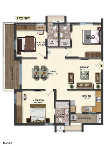 Floor plan of 3 BHK 1720 Sq. Ft. Apartment in Accurate Wind Chimes, Hyderabad