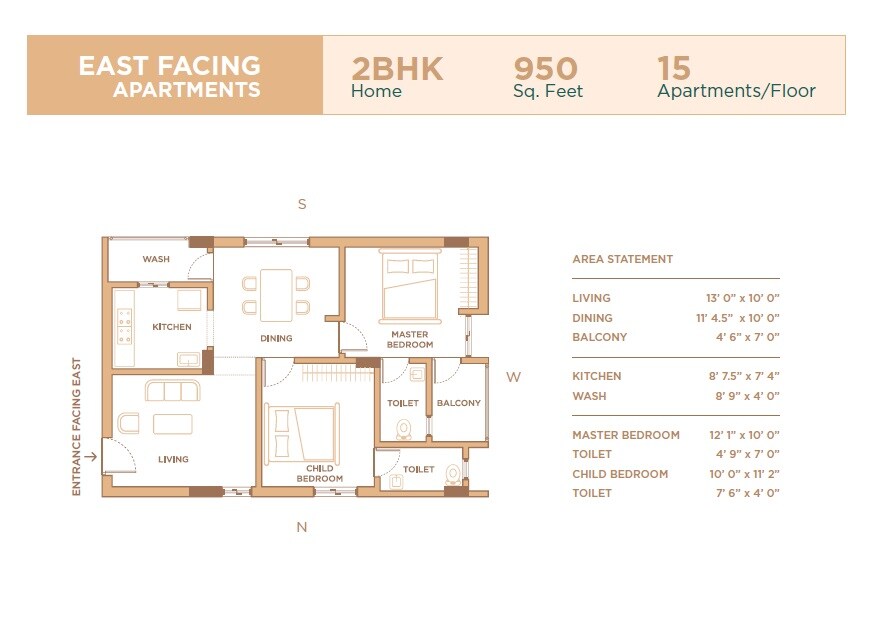 Floor plan of 2 BHK 950 Sq. Ft. Apartment in Ace Amura, Hyderabad