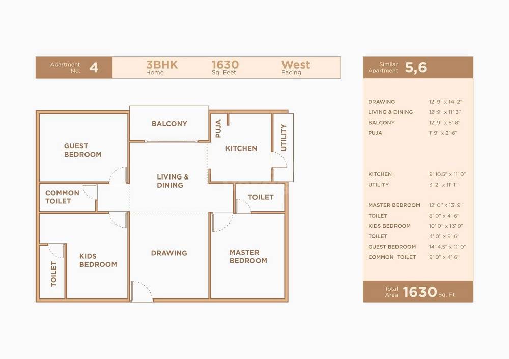 Floor plan of 3 BHK 1630 Sq. Ft. Apartment in Ace Ekata, Hyderabad