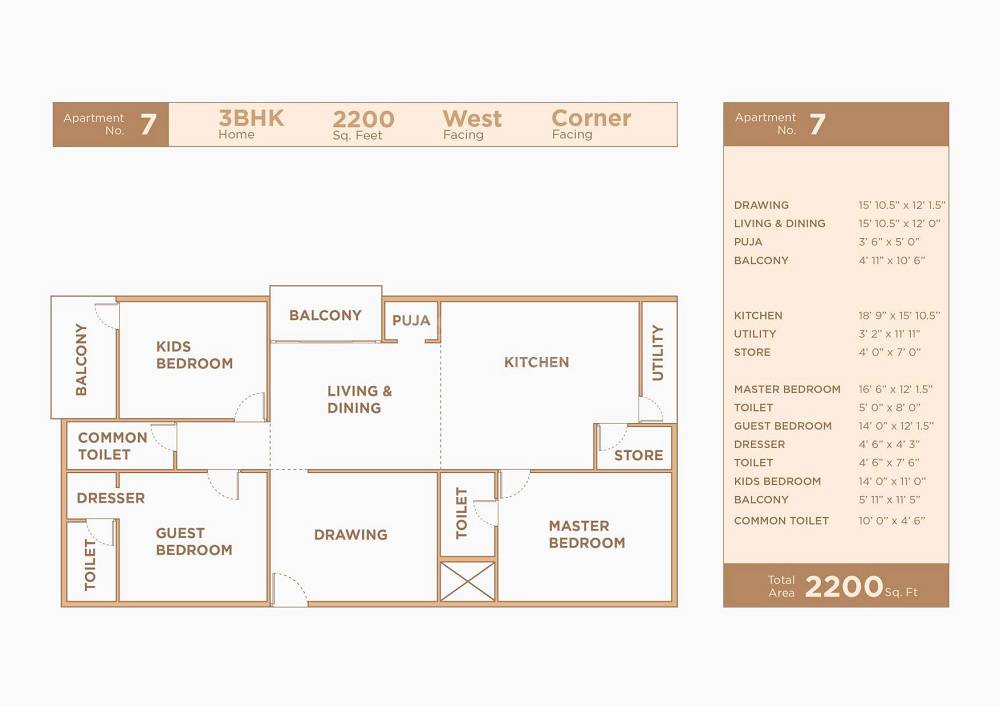 Floor plan of 3 BHK 2200 Sq. Ft. Apartment in Ace Ekata, Hyderabad
