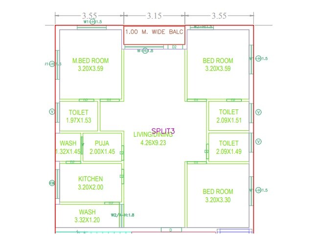 Floor plan of 3 BHK 1600 Sq. Ft. Apartment in Aditi Balaji Elite, Hyderabad