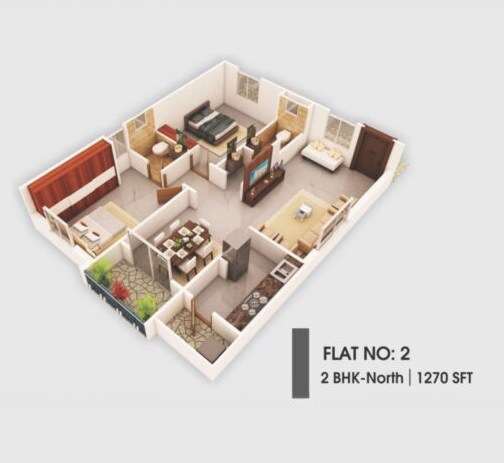 Floor plan of 2 BHK 1270 Sq. Ft. Apartment in Aditi Dhanunjaya Elite, Hyderabad