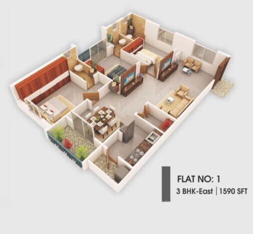 Floor plan of 3 BHK 1590 Sq. Ft. Apartment in Aditi Dhanunjaya Elite, Hyderabad