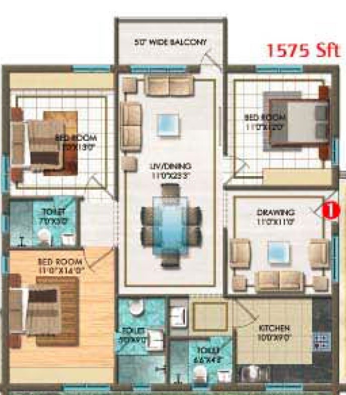 Floor plan of 3 BHK 1575 Sq. Ft. Apartment in Aditya Empress Towers, Hyderabad