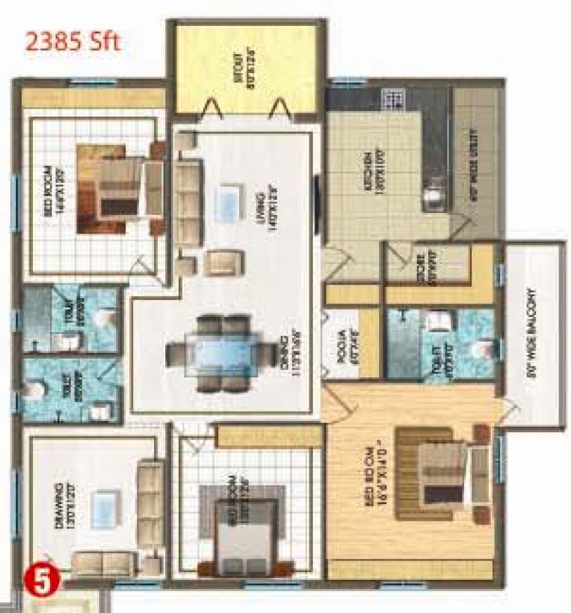 Floor plan of 3 BHK 2385 Sq. Ft. Apartment in Aditya Empress Towers, Hyderabad