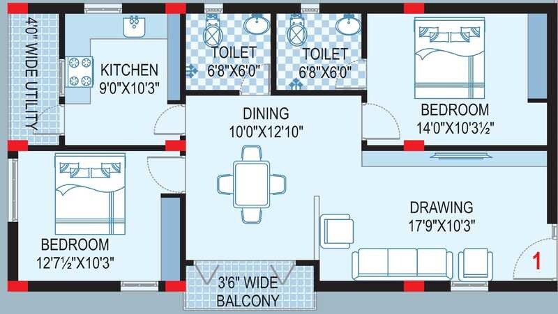 Floor plan of 2 BHK 1140 Sq. Ft. Apartment in Aditya Jala Krishna Hyderabad, Hyderabad