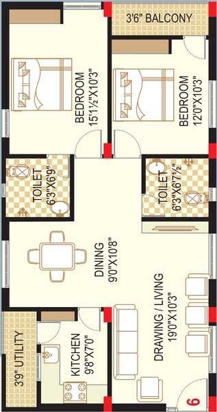 Floor plan of 2 BHK 1160 Sq. Ft. Apartment in Aditya Jala Krishna Hyderabad, Hyderabad