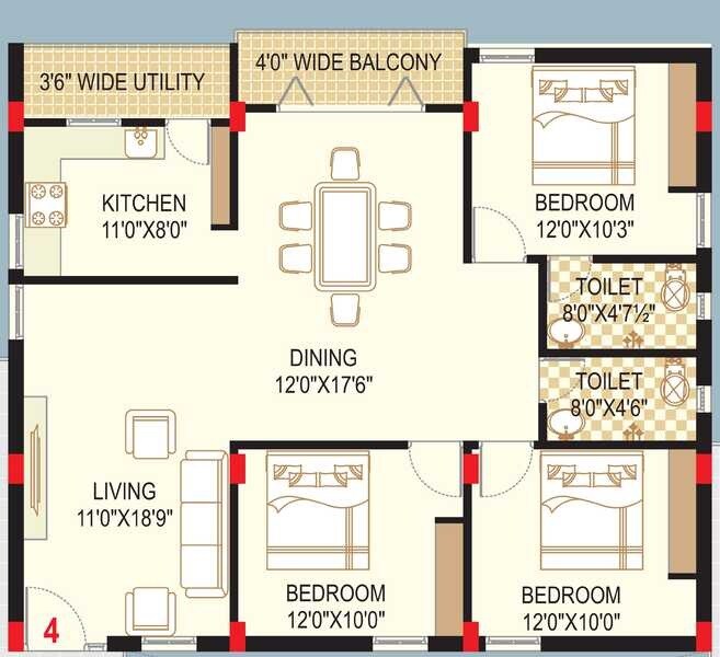 Floor plan of 3 BHK 1445 Sq. Ft. Apartment in Aditya Jala Krishna Hyderabad, Hyderabad
