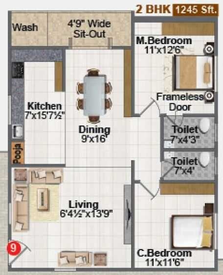 Floor plan of 2 BHK 1245 Sq. Ft. Apartment in Aditya Saptagiri Enclave, Hyderabad