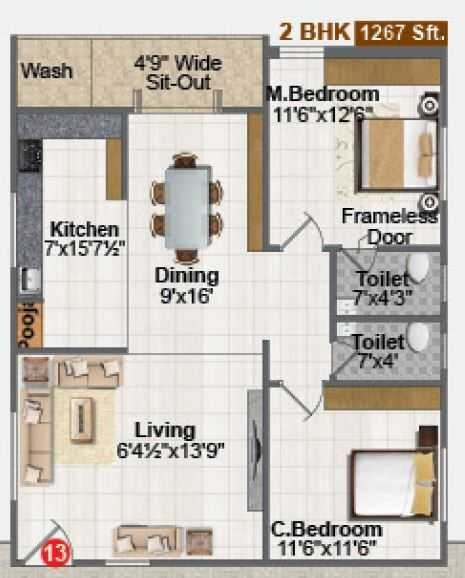 Floor plan of 2 BHK 1267 Sq. Ft. Apartment in Aditya Saptagiri Enclave, Hyderabad