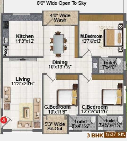 Floor plan of 3 BHK 1537 Sq. Ft. Apartment in Aditya Saptagiri Enclave, Hyderabad