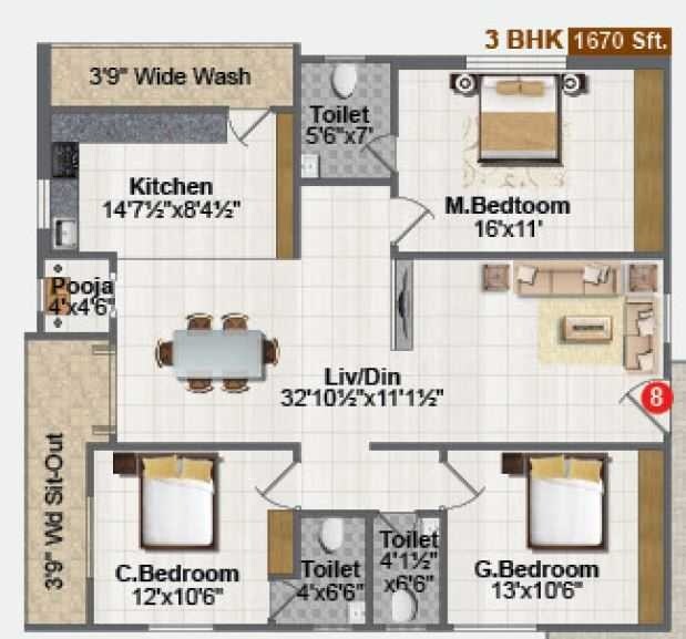 Floor plan of 3 BHK 1670 Sq. Ft. Apartment in Aditya Saptagiri Enclave, Hyderabad