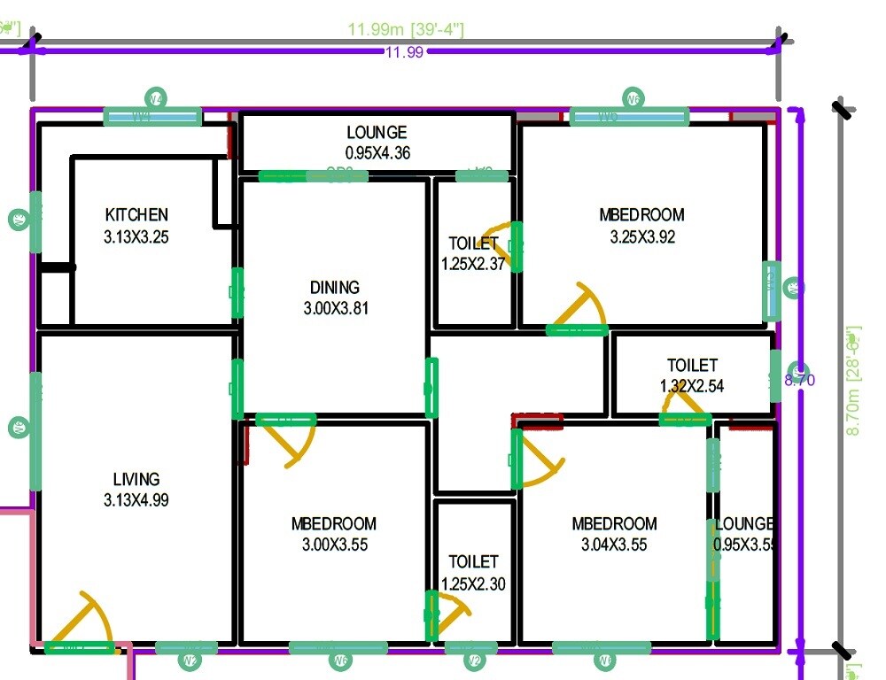 Floor plan of 3 BHK 1522 Sq. Ft. Apartment in Aditya Saptagiri Mansion, Hyderabad