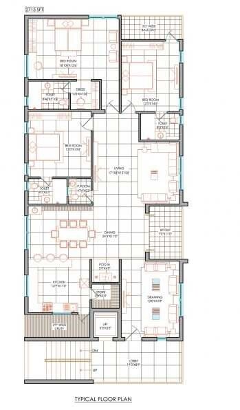 Floor plan of 3 BHK 2175 Sq. Ft. Apartment in Aditya Sudeepth Pristine, Hyderabad