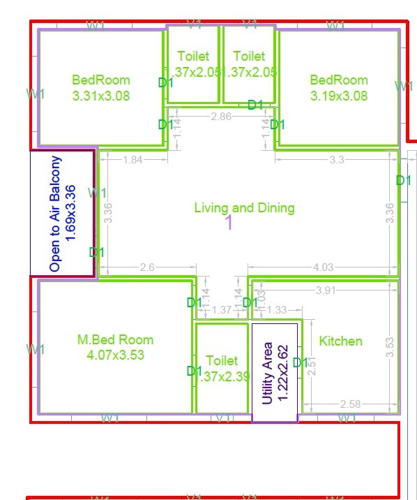 Floor plan of 3 BHK 1639 Sq. Ft. Apartment in Advaitas Courtyard, Hyderabad
