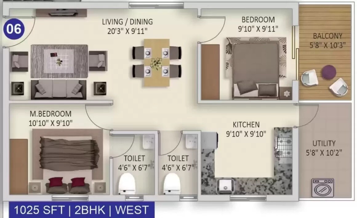 Floor plan of 2 BHK 1225 Sq. Ft. Apartment in Advaitas Vibha, Hyderabad