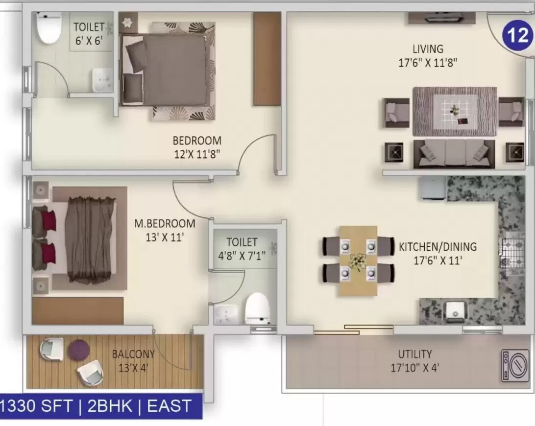 Floor plan of 2 BHK 1330 Sq. Ft. Apartment in Advaitas Vibha, Hyderabad