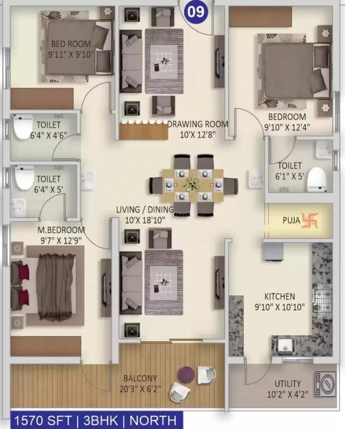 Floor plan of 3 BHK 1690 Sq. Ft. Apartment in Advaitas Vibha, Hyderabad