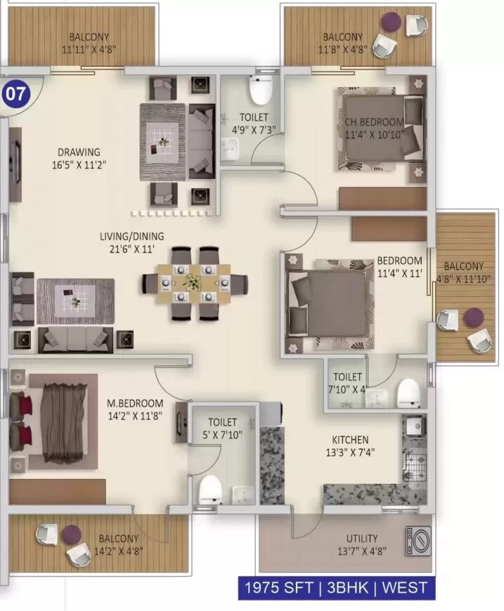 Floor plan of 3 BHK 1975 Sq. Ft. Apartment in Advaitas Vibha, Hyderabad