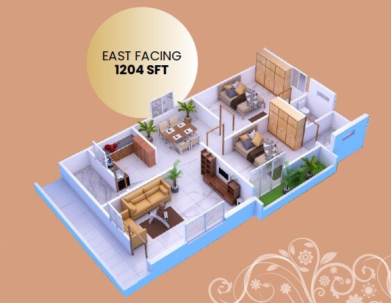 Floor plan of 2 BHK 1204 Sq. Ft. Apartment in AGMR Vishnu Nilayam, Hyderabad