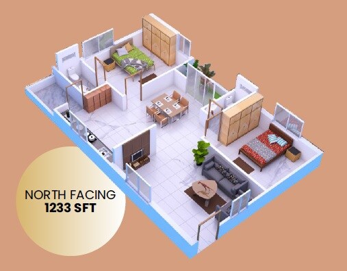 Floor plan of 2 BHK 1233 Sq. Ft. Apartment in AGMR Vishnu Nilayam, Hyderabad