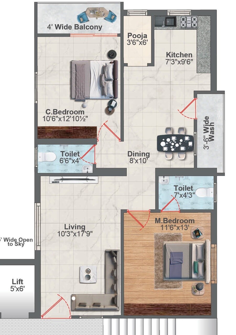 Floor plan of 2 BHK 937 Sq. Ft. Apartment in Aishwarya Varamala, Hyderabad