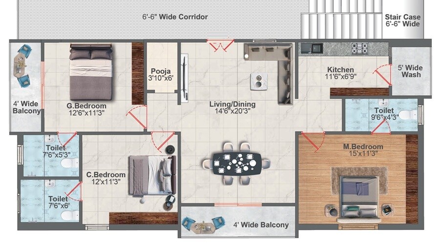 Floor plan of 3 BHK 1281 Sq. Ft. Apartment in Aishwarya Varamala, Hyderabad