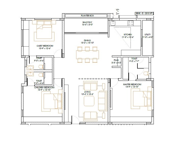 Floor plan of 3 BHK 2315 Sq. Ft. Apartment in Aivn Eminence Residency, Hyderabad