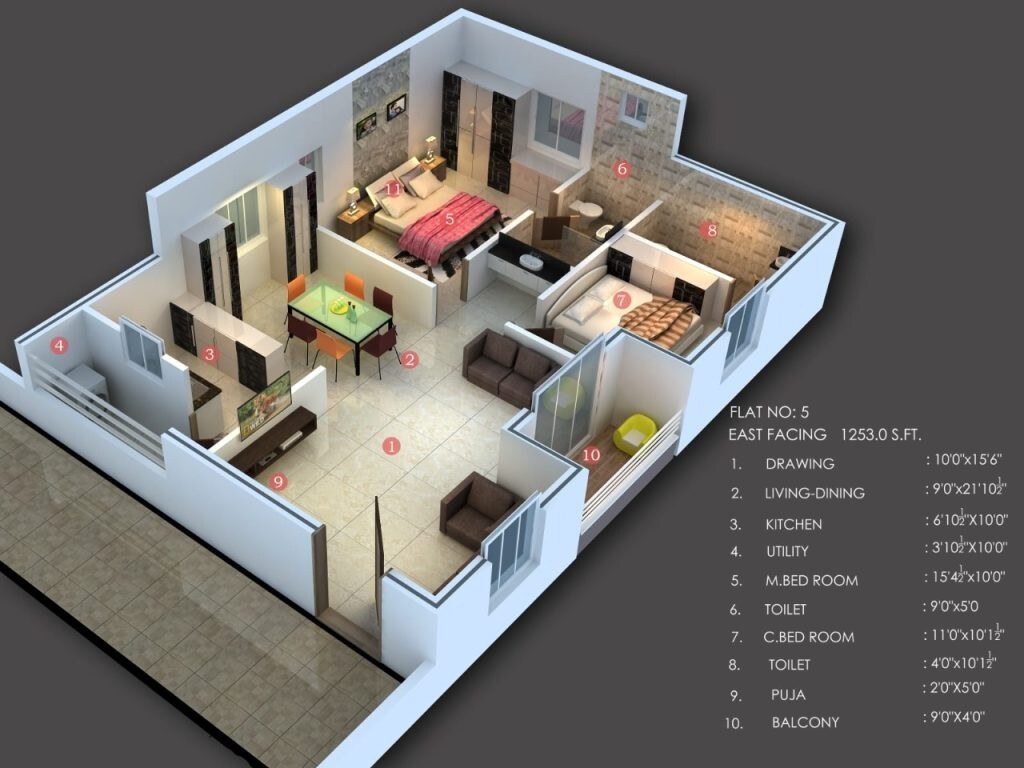Floor plan of 2 BHK 1253 Sq. Ft. Apartment in Ajasra Akash Vihar Apartments, Hyderabad