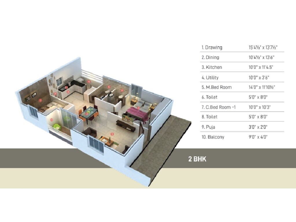 Floor plan of 2 BHK 1335 Sq. Ft. Apartment in Ajasra Akash Vihar Apartments, Hyderabad