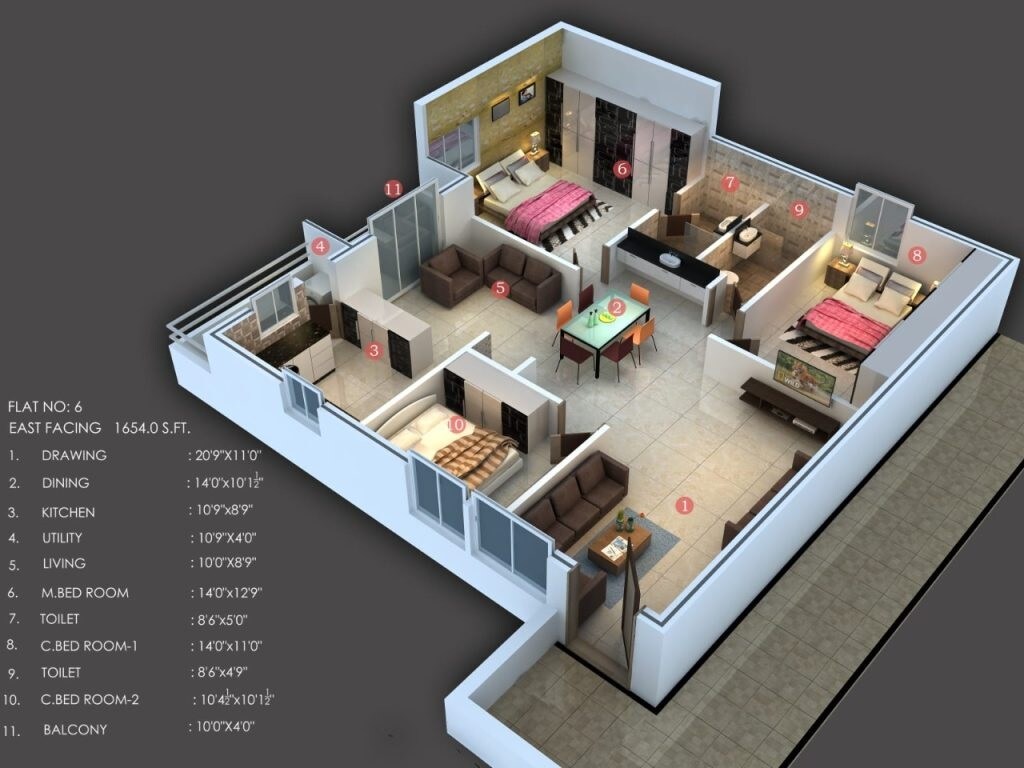 Floor plan of 3 BHK 1654 Sq. Ft. Apartment in Ajasra Akash Vihar Apartments, Hyderabad
