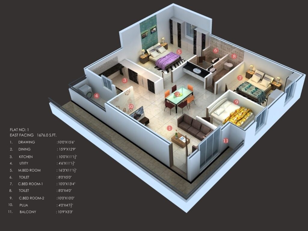 Floor plan of 3 BHK 1676 Sq. Ft. Apartment in Ajasra Akash Vihar Apartments, Hyderabad